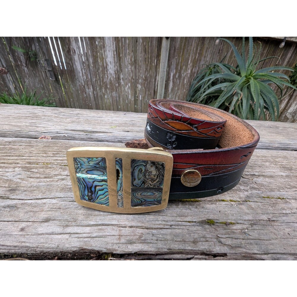 Vintage 70s Leather Belt and Abalone Brass Buckle